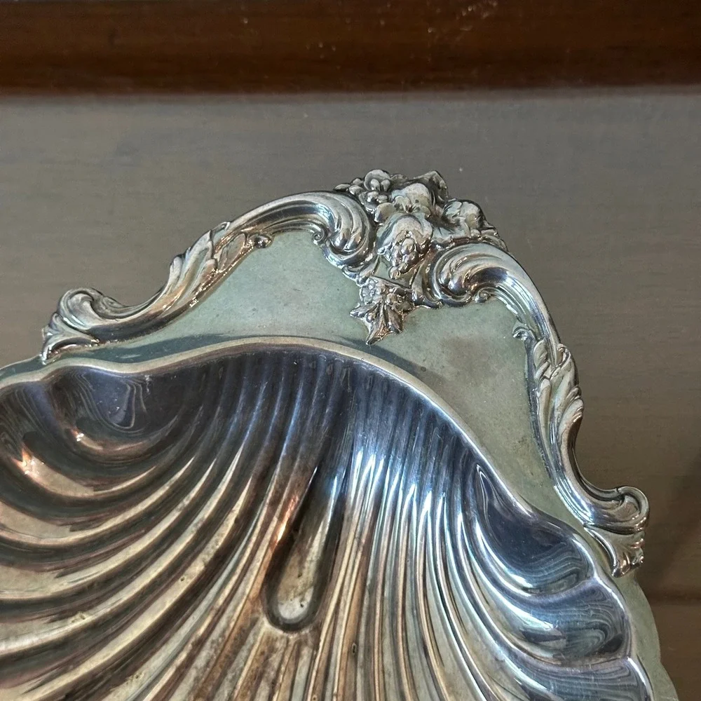 Vintage Silver Plated Clam Shell Dish Scalloped Coastal Catchall Tray 10 Inch